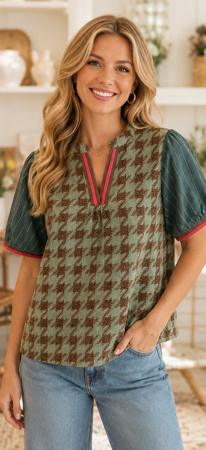 Hunter Green Houndstooth Jacquard Top