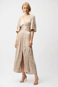 Joesph Ribkoff Satin Fit and Flare Pleated Dress with Knot Waist Detail