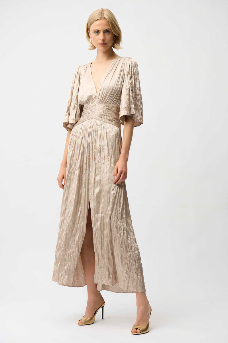 Joesph Ribkoff Satin Fit and Flare Pleated Dress with Knot Waist Detail