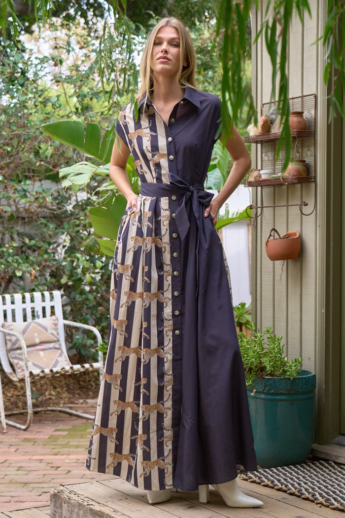 Leopard Stripe Contrast Panel Shirt Dress