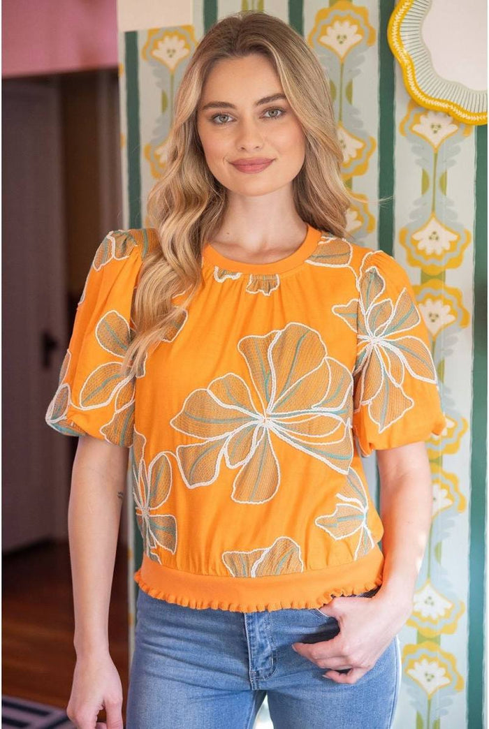 Contrast Band Detailed Floral Embroidery Top