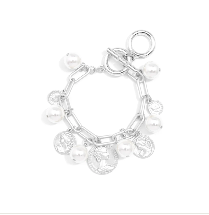 Pearls and Coins Charm Bracelet - Silver