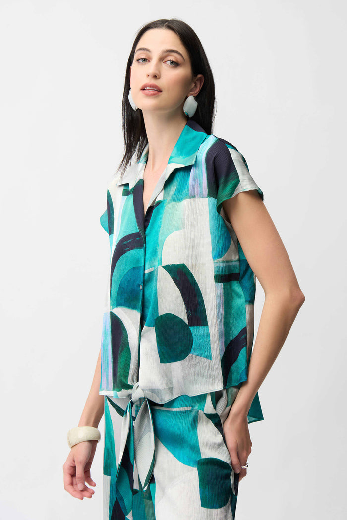 Joseph Ribkoff Textured Satin Geometric Print Boxy Top With Front Ties