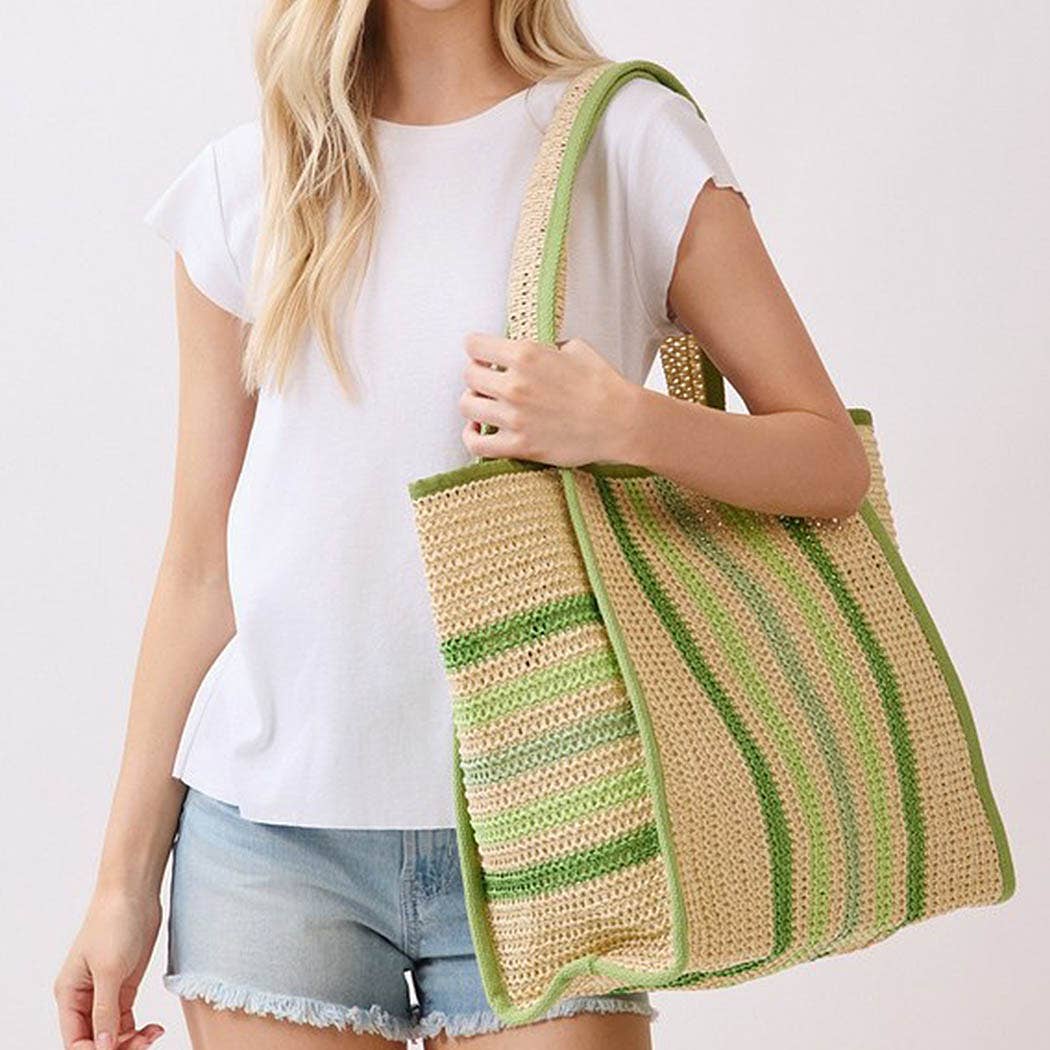 Natural Straw Tote With Multi Color Stripes