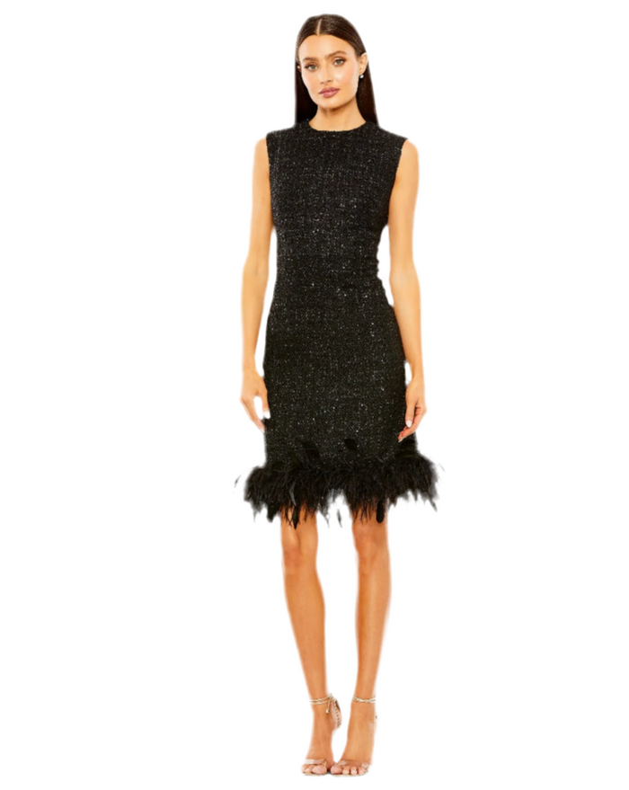 Mac Duggal A-Line Shift Dress with Feather Trim