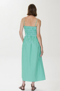 Bianca Shirred Bodice Dress- Green Blue Stripe