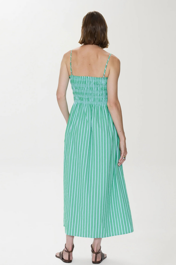 Bianca Shirred Bodice Dress- Green Blue Stripe