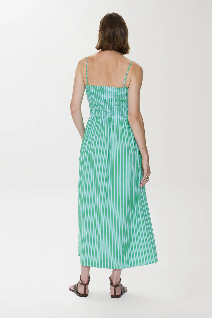 Bianca Shirred Bodice Dress- Green Blue Stripe