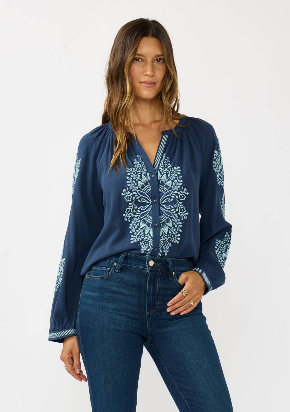 Embroidered Raglan Button Blouse