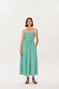 Bianca Shirred Bodice Dress- Green Blue Stripe