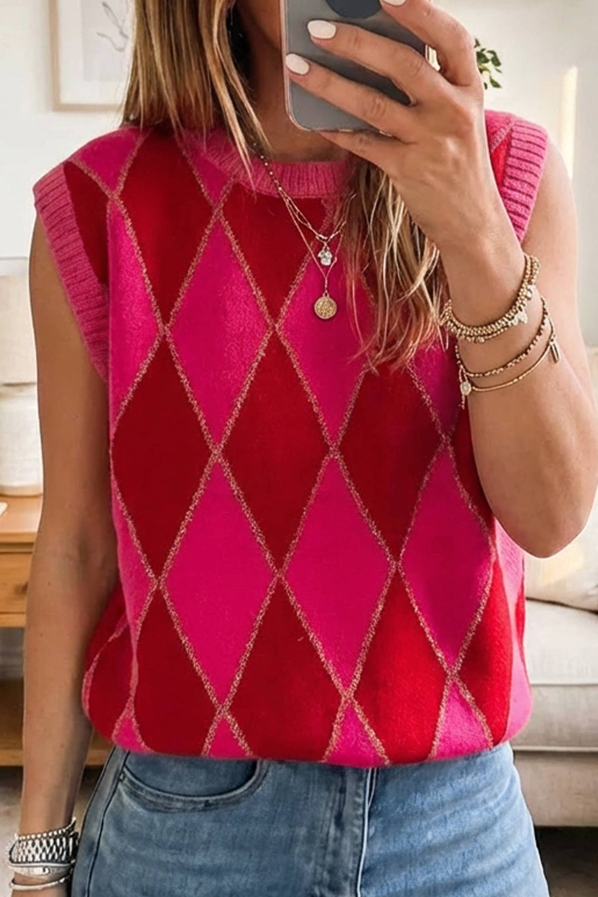 Love Glitter Trim Rhombus Pattern Knit Sweater Vest (S-XL)