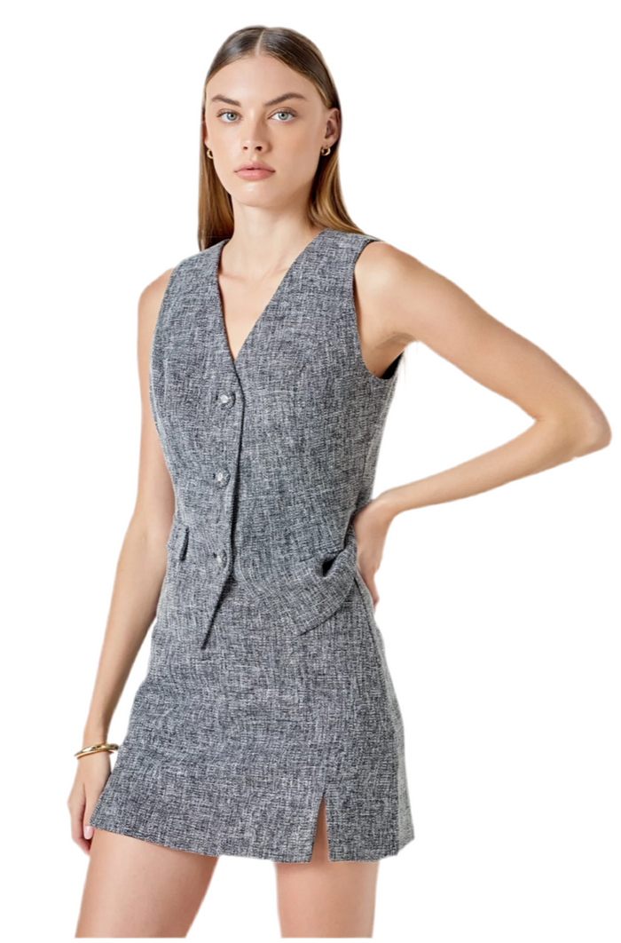 Tweed Front Slit Cutout Mini Skirt