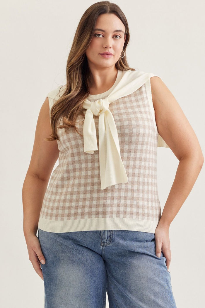 Gingham Sleeveless Sweater Knit Top Plus