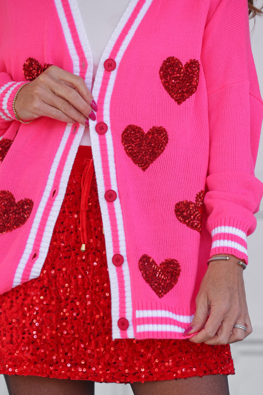 Sequin Patch Happy Hearts Relaxed Cardigan