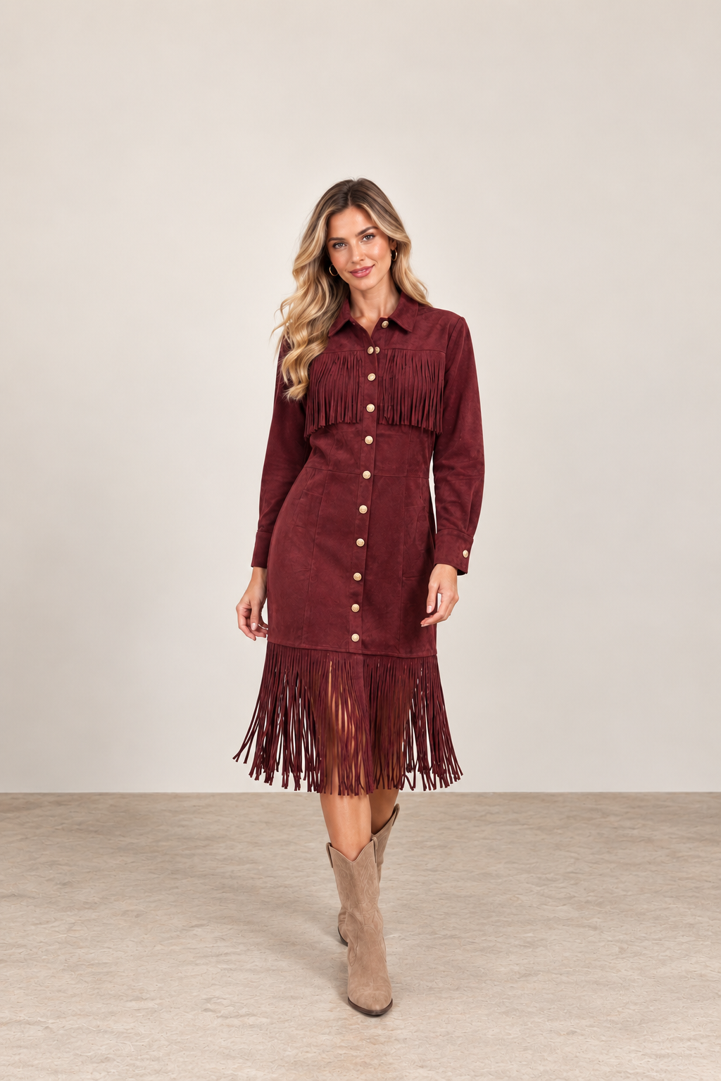 Classic Wine Button Down Fringed Midi Dress