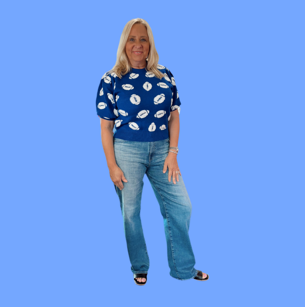 Blue/White Embo Football Top