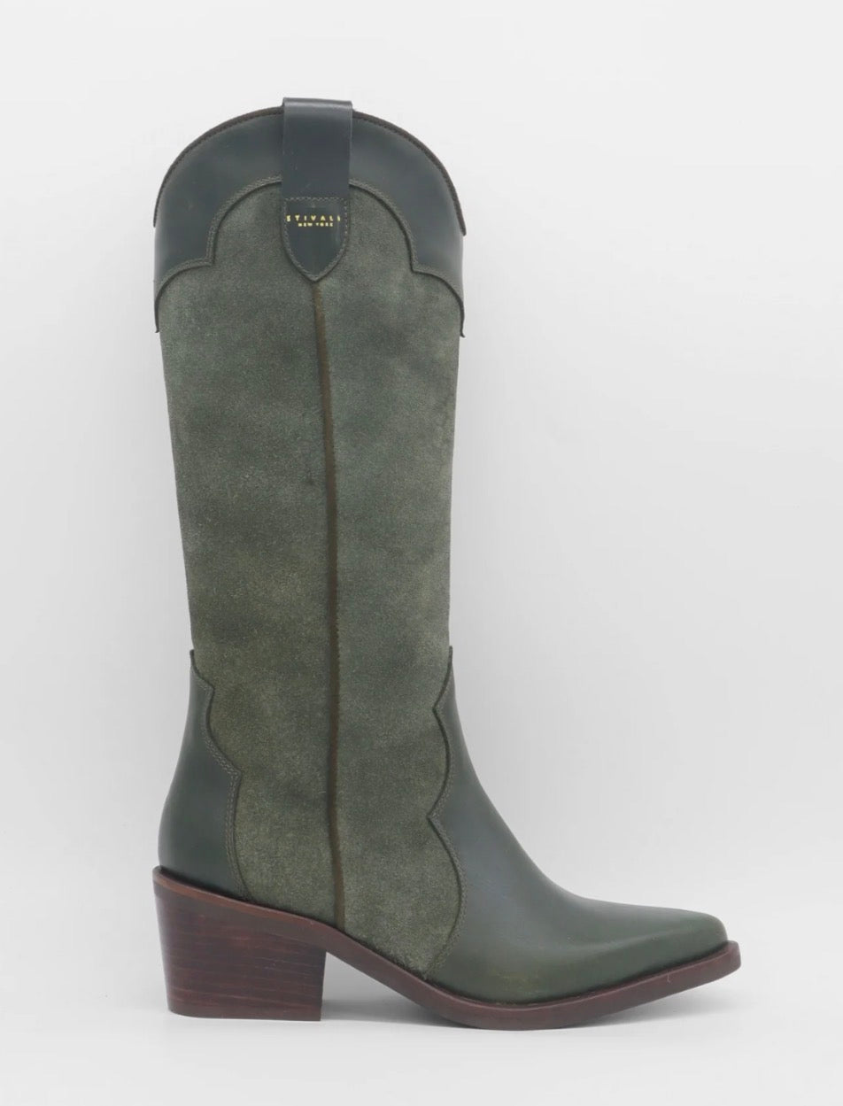 Agiatezza Western Boots in Olive Leather x S uede