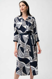 Joseph Ribkoff Satin Back Crepe Geometric Print Shirt Dress With Sash