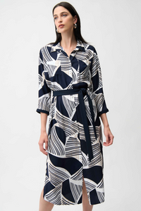 Joseph Ribkoff Satin Back Crepe Geometric Print Shirt Dress With Sash