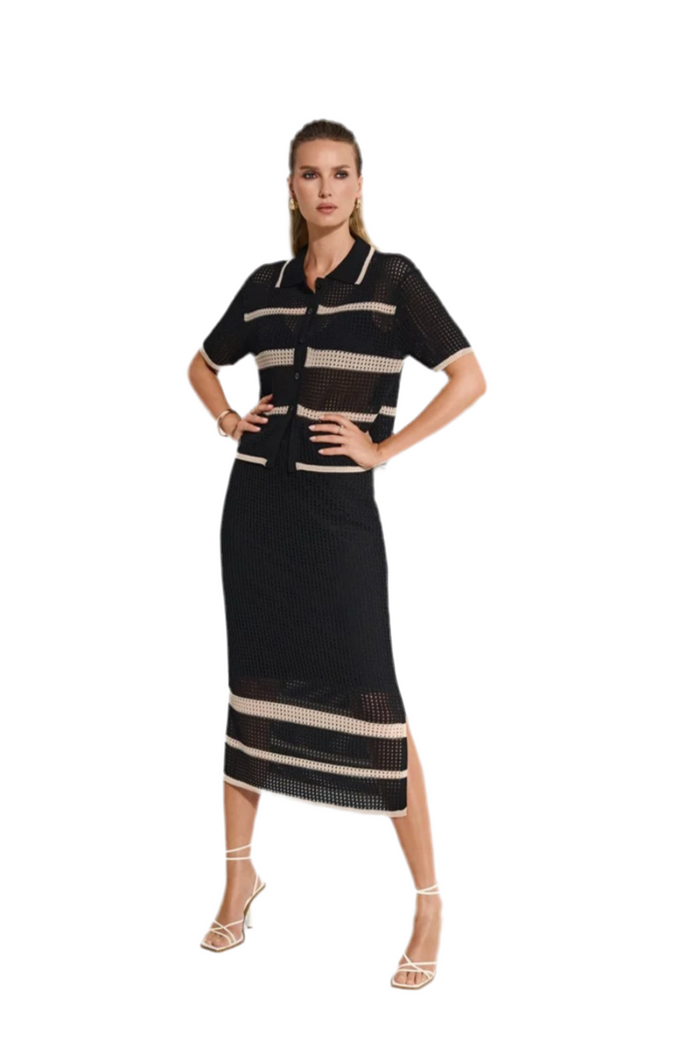 Joseph Ribkoff Sweater Knit Open Stitch Stripe Skirt