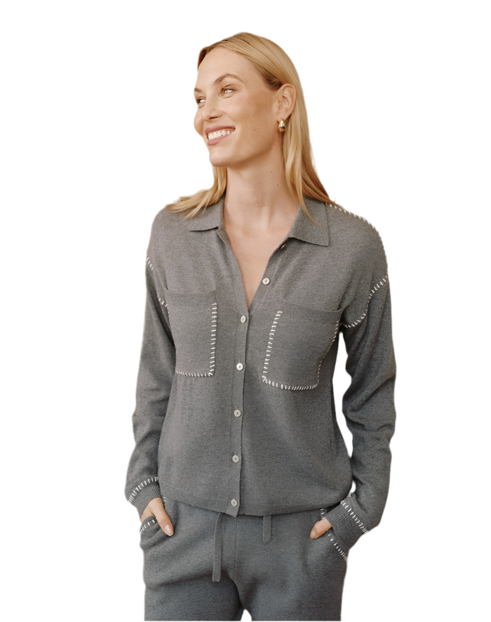 Whip Stitched Button Sweater - Heather Smoke