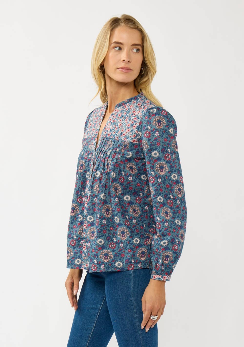 Long Sleeve Floral Blouse with Pleats & Quilted Yoke