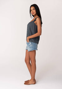 Ruffle Strap Scoop Neck Button Down Tank Top