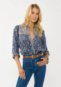 Long Sleeve Floral Blouse with Pleats & Quilted Yoke