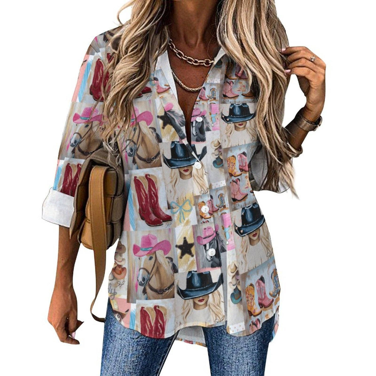 Baha Ranch Danilo Painted Cowgirl Collage Button Up Shirt