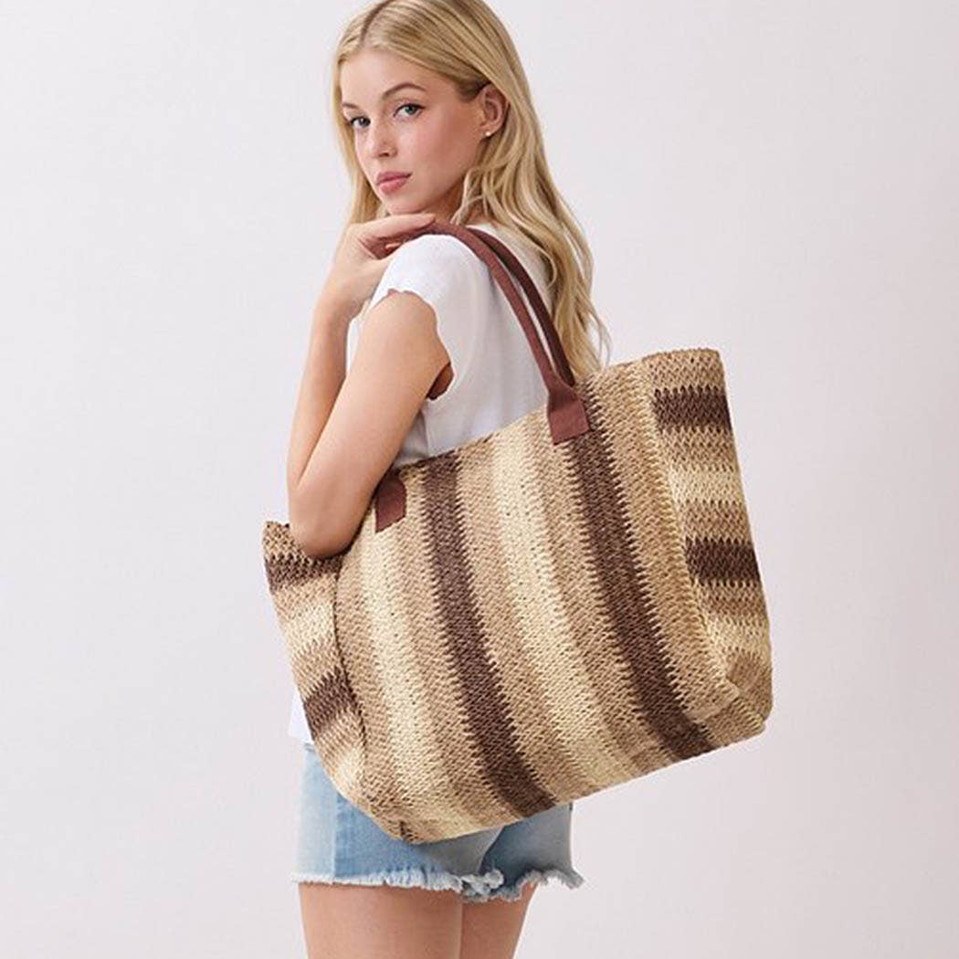 Natural Brown Multi Color Stripe Straw Tote Bag