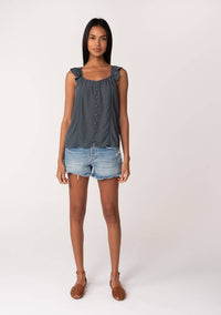 Ruffle Strap Scoop Neck Button Down Tank Top