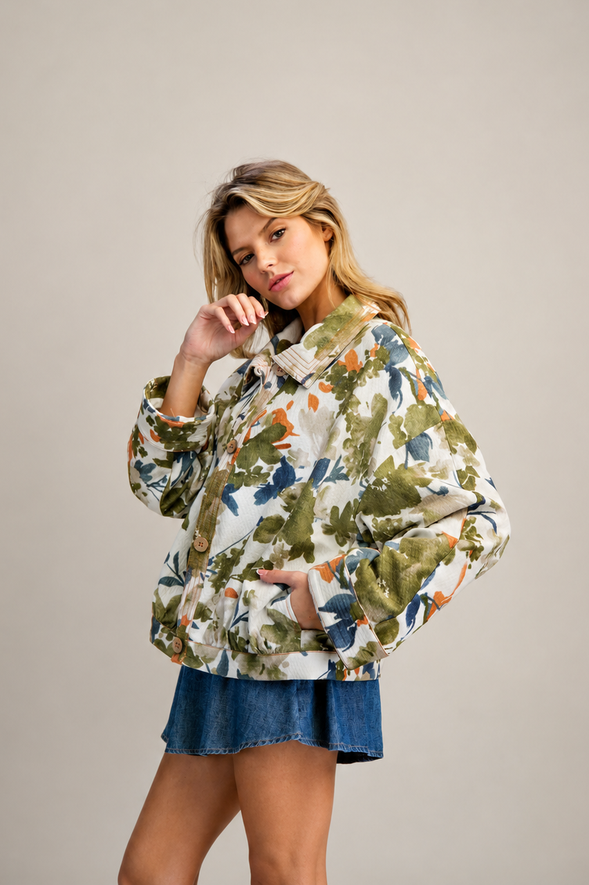 Floral Print Loop Button Jacket