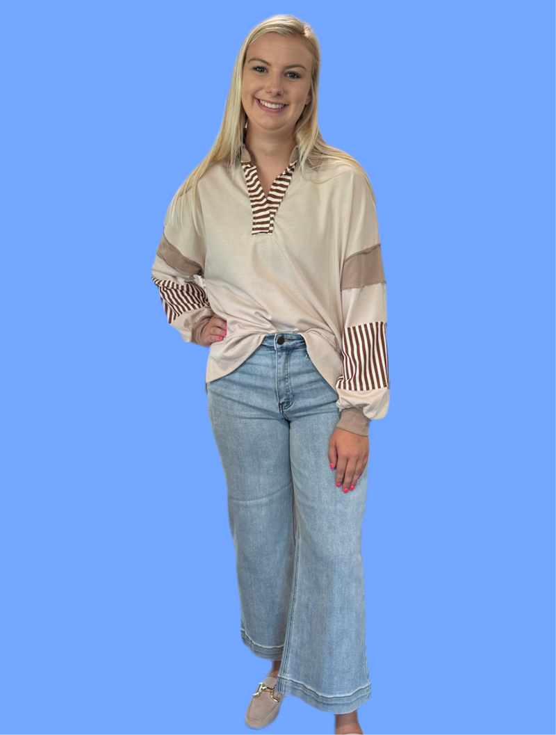 Taupe Striped Collared Top