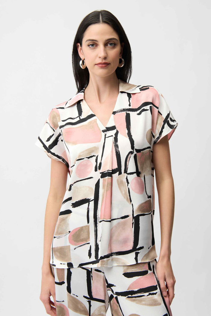 Joseph Ribkoff Recycled Satin Abstract Print Boxy Top With V-neckline