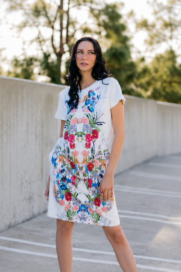 Short Sleeve Suede Dress Floral Print -Spring Bloom
