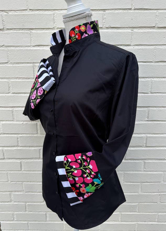 Beth Bell Sleeve 3/4 -Black w Floral and Black Stripe