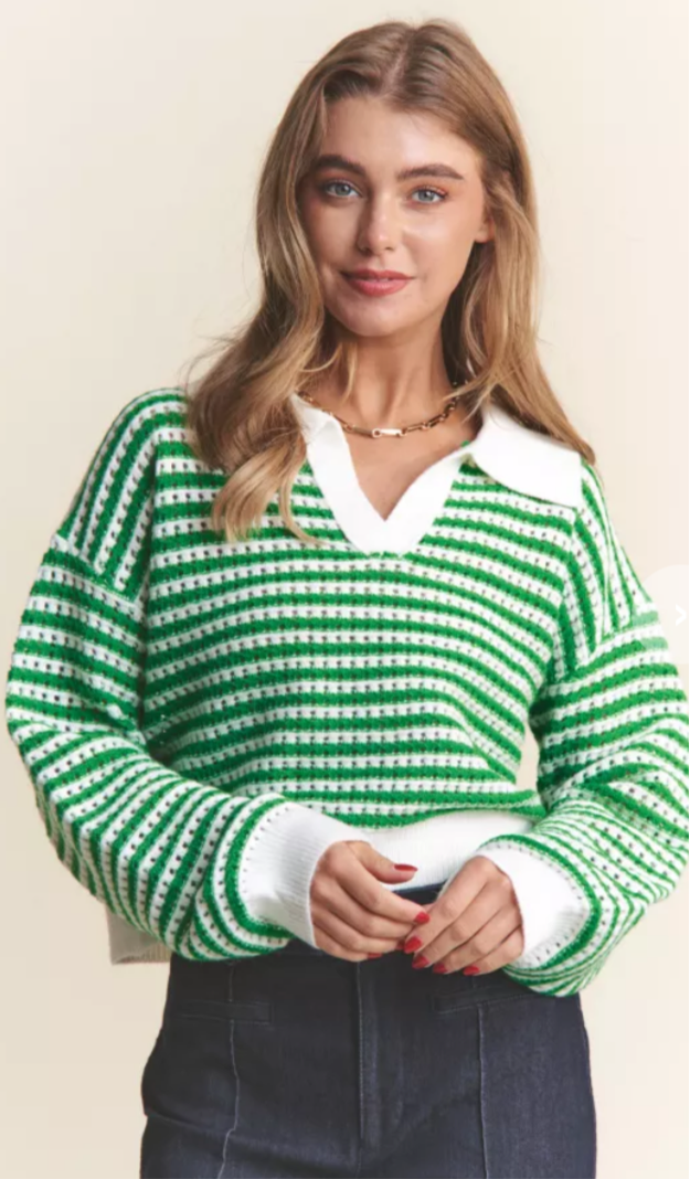 Stripe collar long sleeve knit sweater