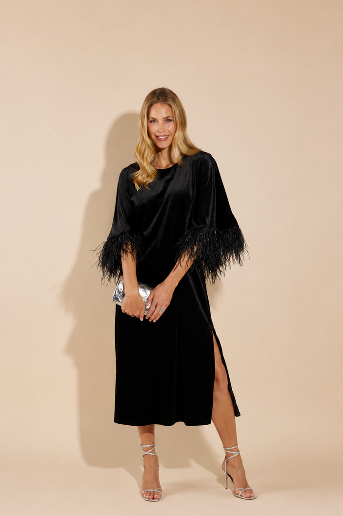 Jude Connally Royce Stretch Velvet Dress - Black/Feathers