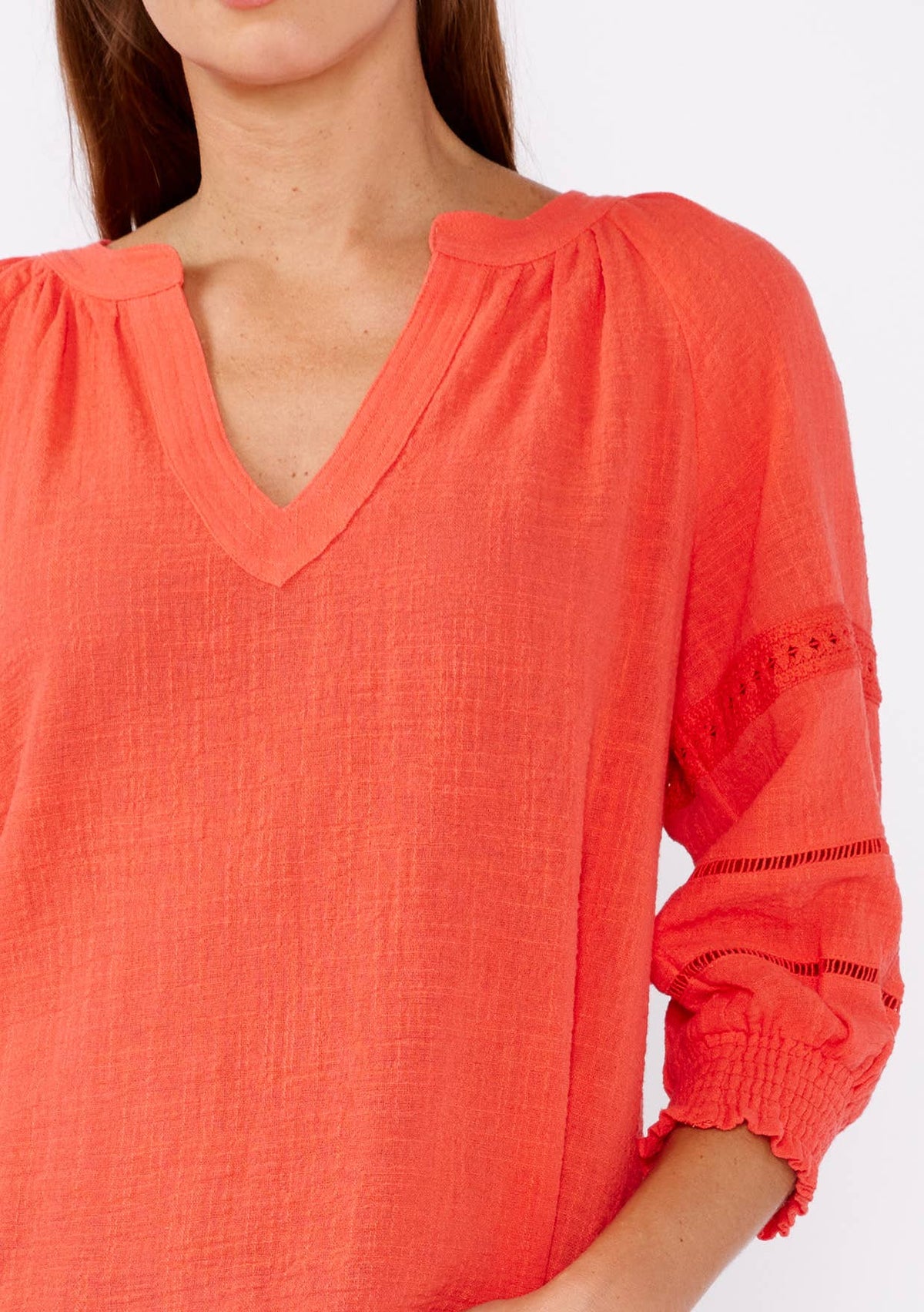 Smocked 3/4 Sleeve Lace Trim Blouse
