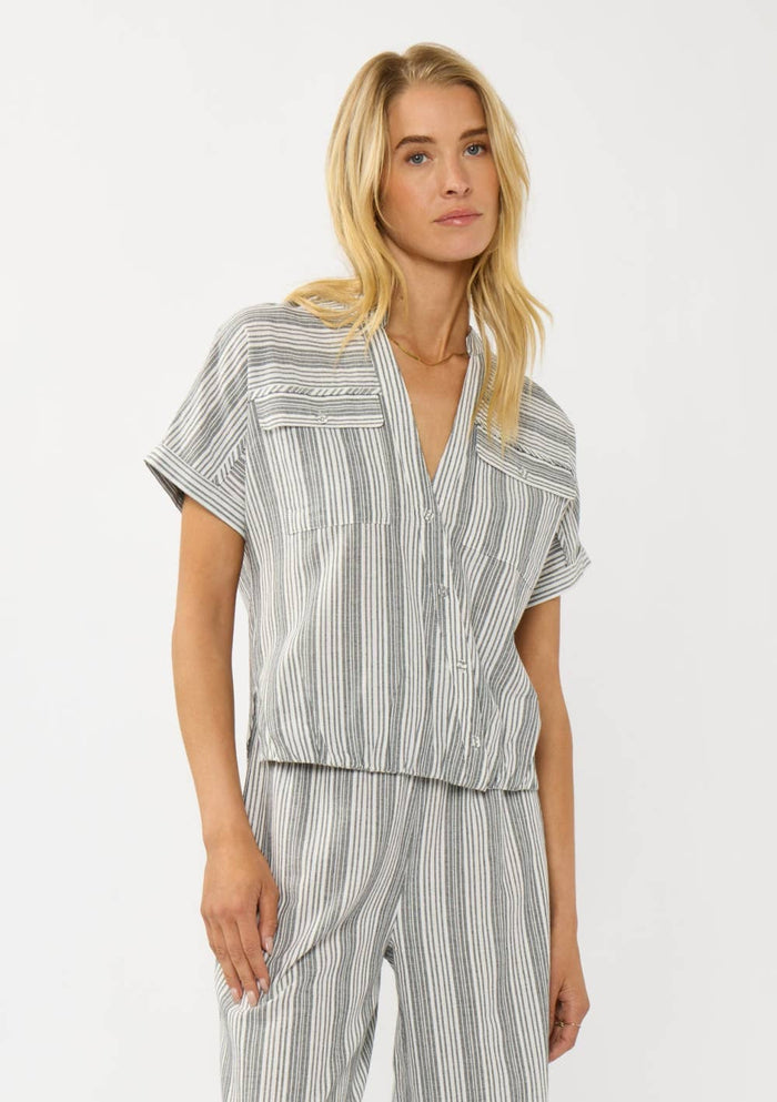 Button Front Surplice Collared Top