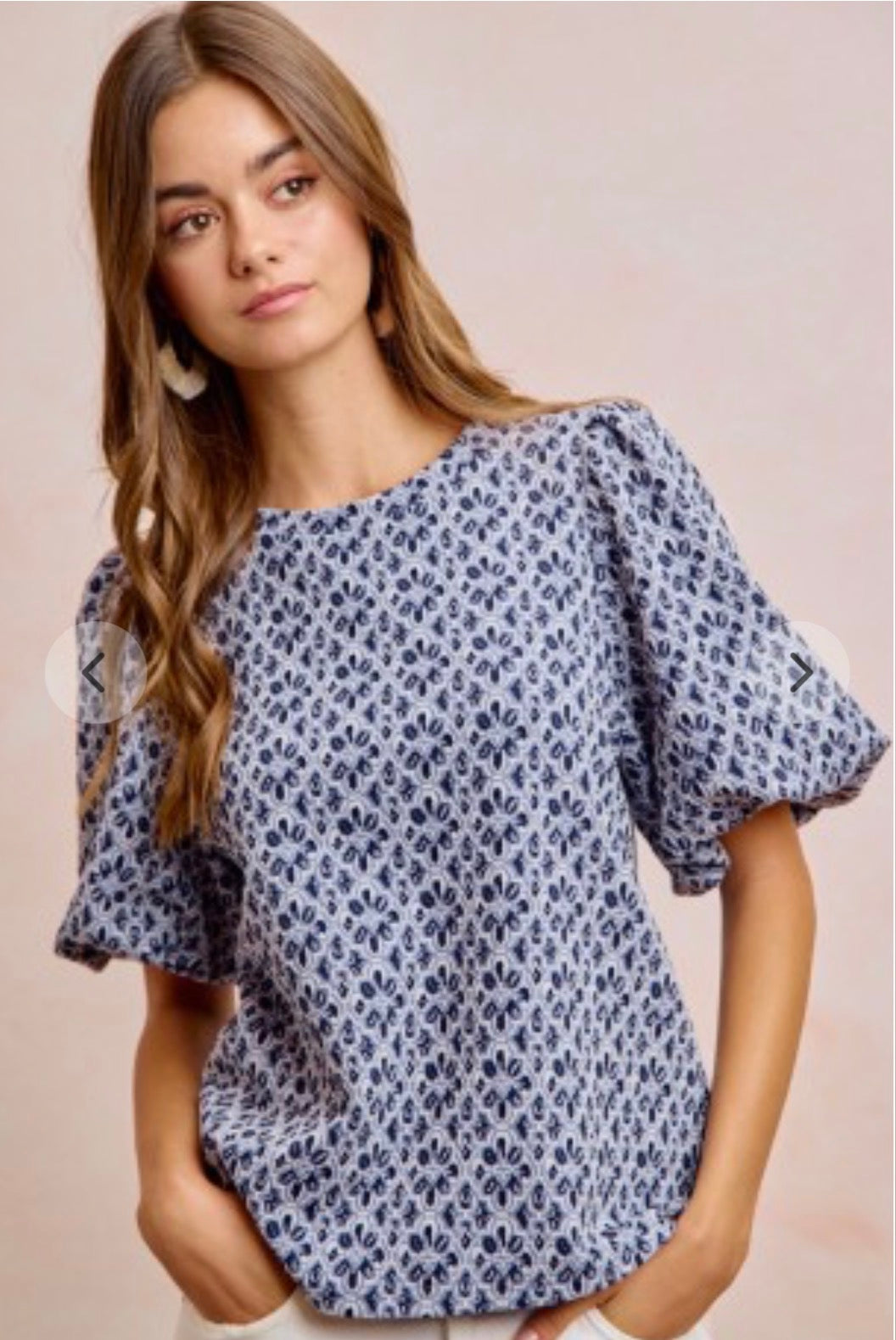 Blue Jacquard Bubble Sleeve Top