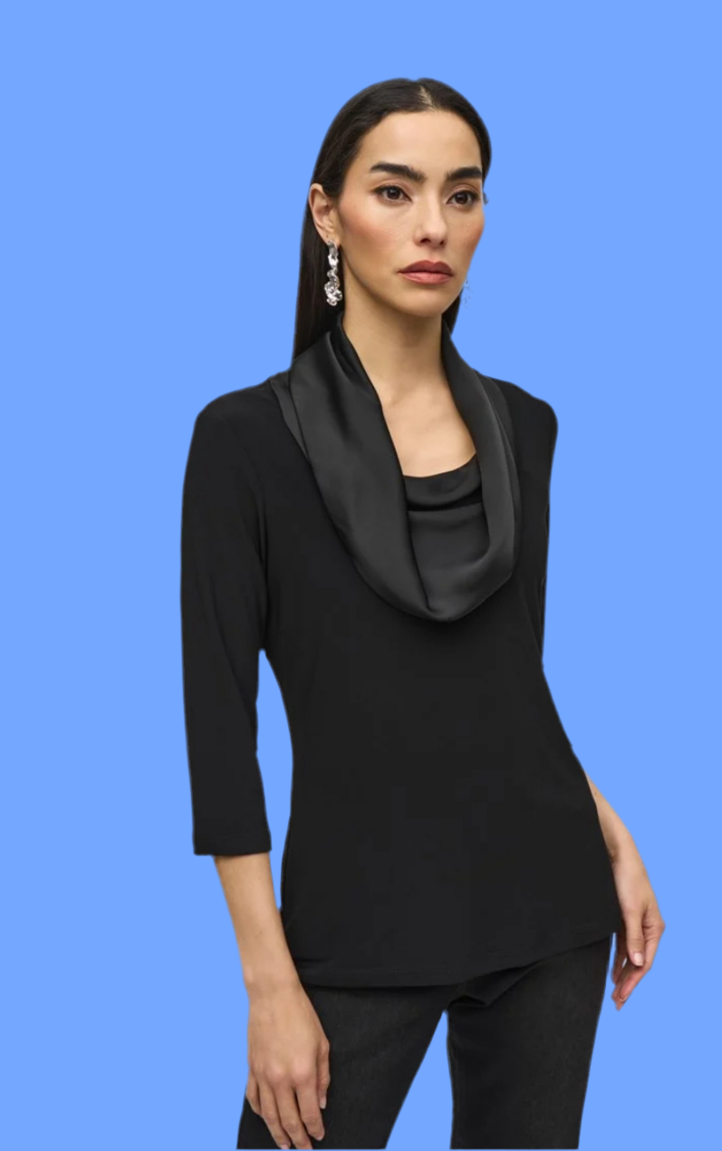 Joseph Ribkoff Black Silky Knit and Satin Fitted Top