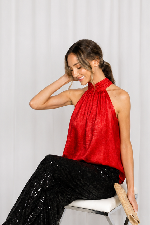 Halter Neck Tie Back Metallic Woven Blouse Top