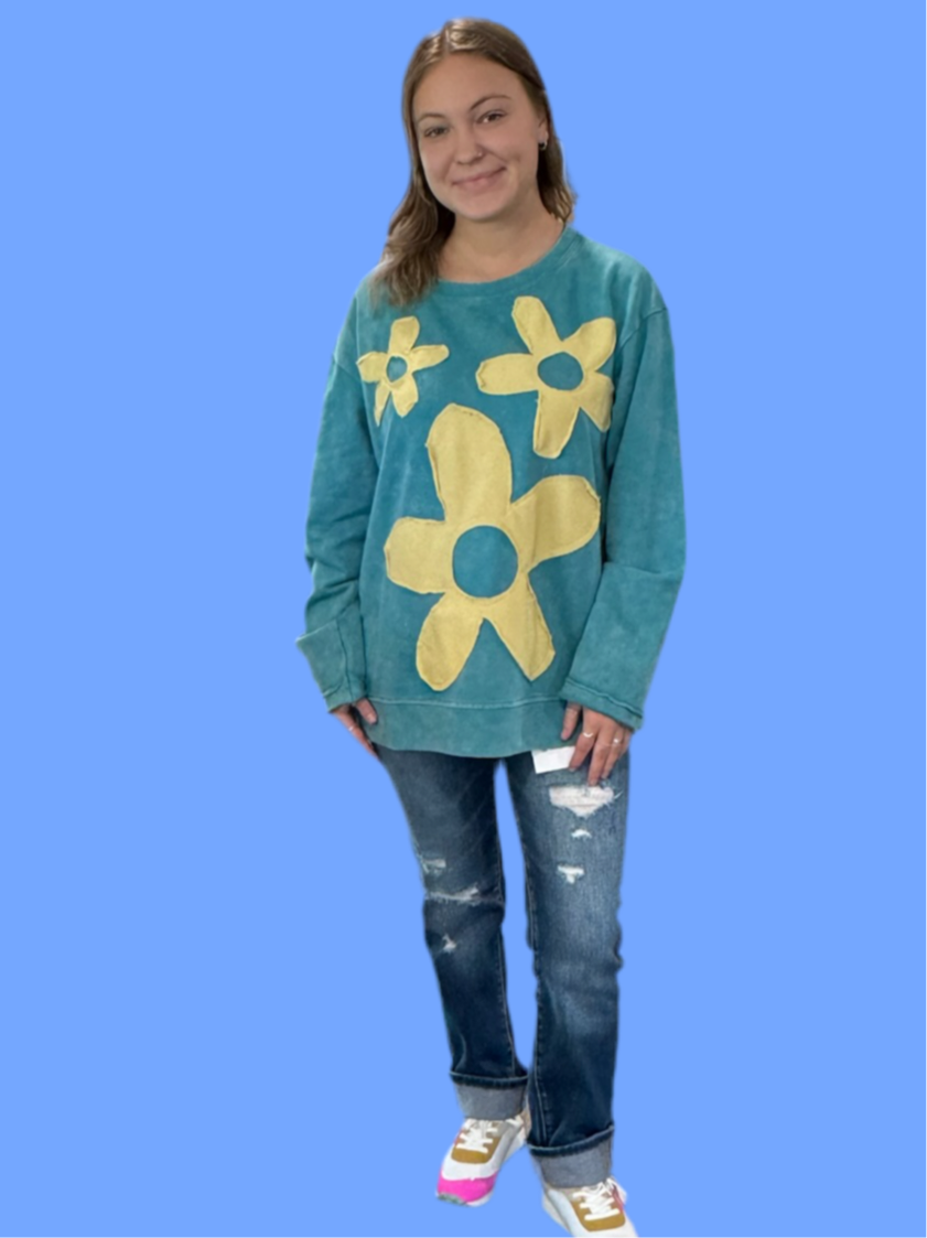 Teal/Yellow Flower Top