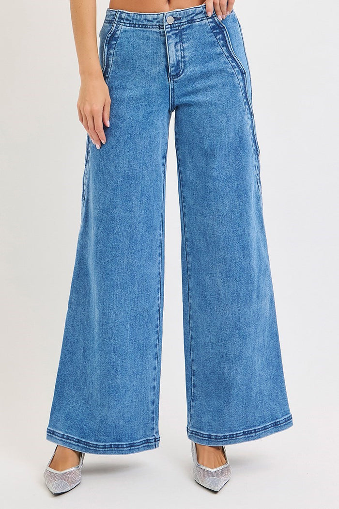 Risen High Rise Wide Leg Jeans With Scalloped Edge Detail
