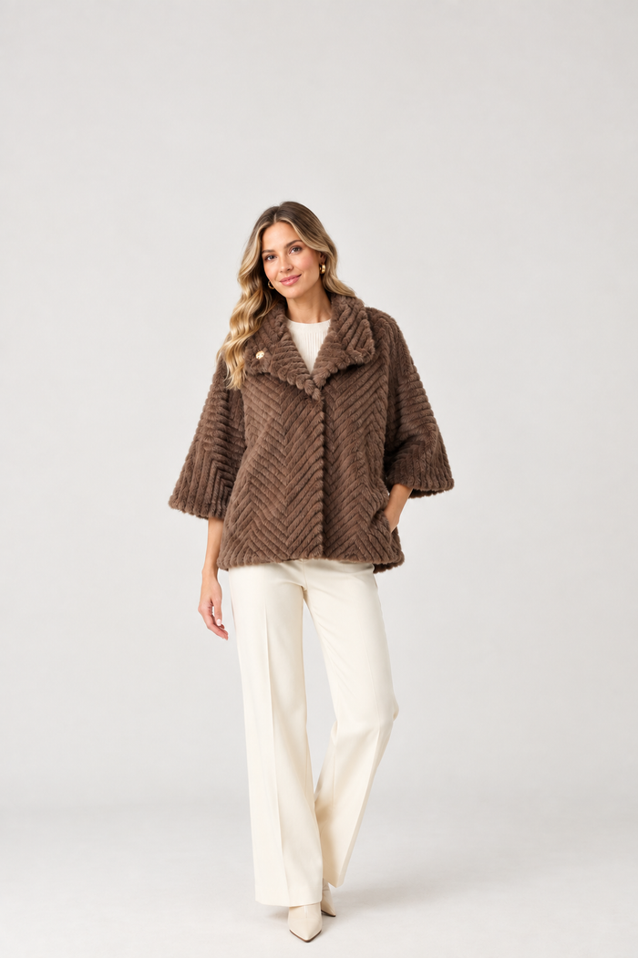 Chevron Faux Fur Cape-Style Jacket