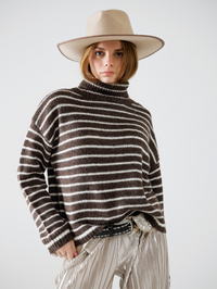 Soft Knit Striped Turtleneck Sweater - Brown
