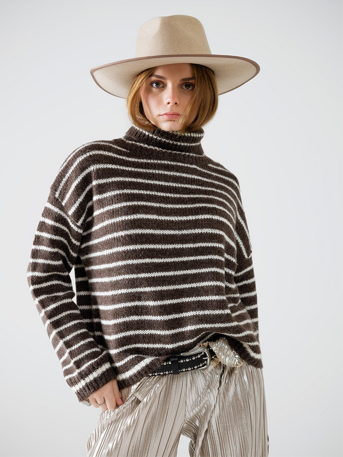 Soft Knit Striped Turtleneck Sweater - Brown