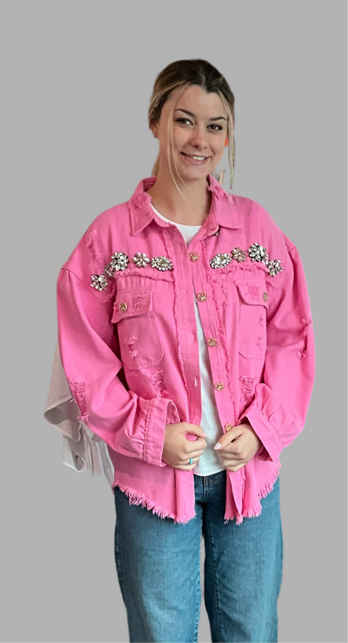Pink Jeweled Distressed Denim Jacket