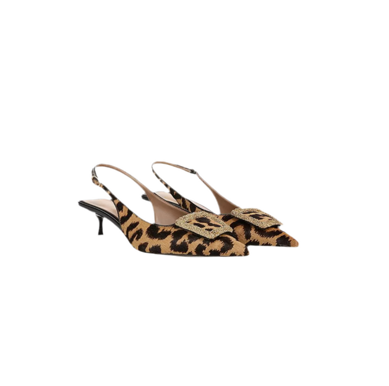 Kammie Leopard Print Calf Hair Buckle Slingbacks